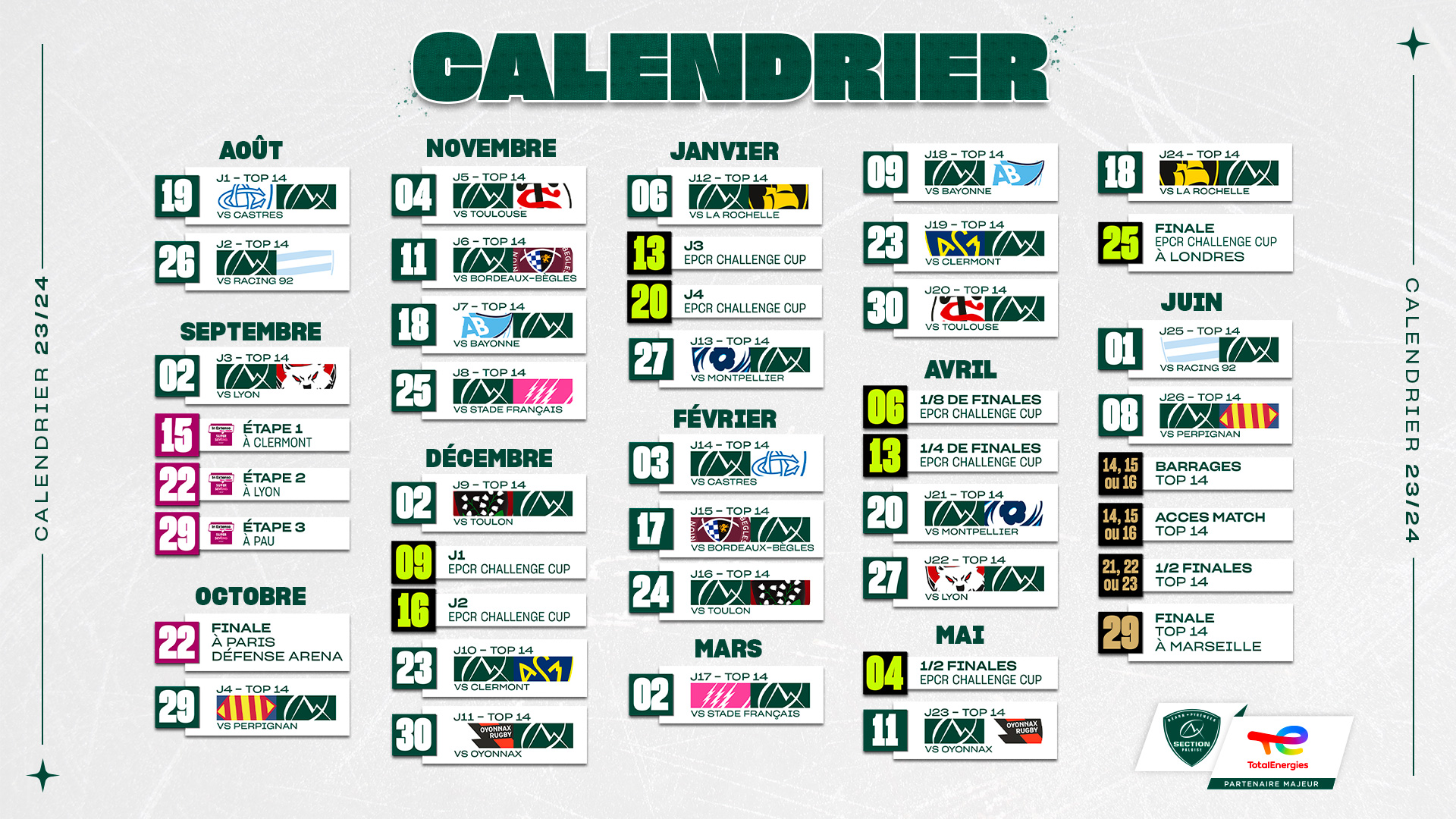 Calendrier 2023-2024 : découvrez le programme des Vert et Blanc !